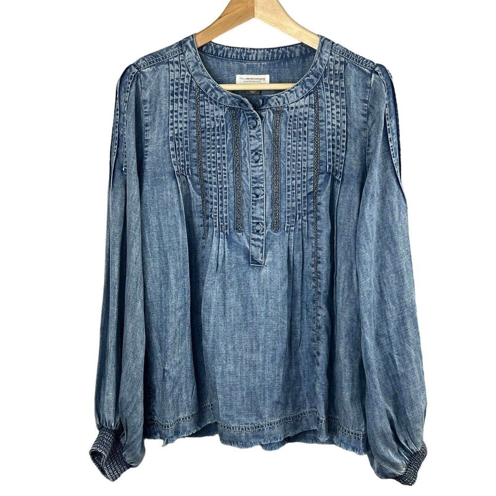 Pilcro Anthropologie Pintucked Norah Chambray Pop Over Blouse Shirt Top S